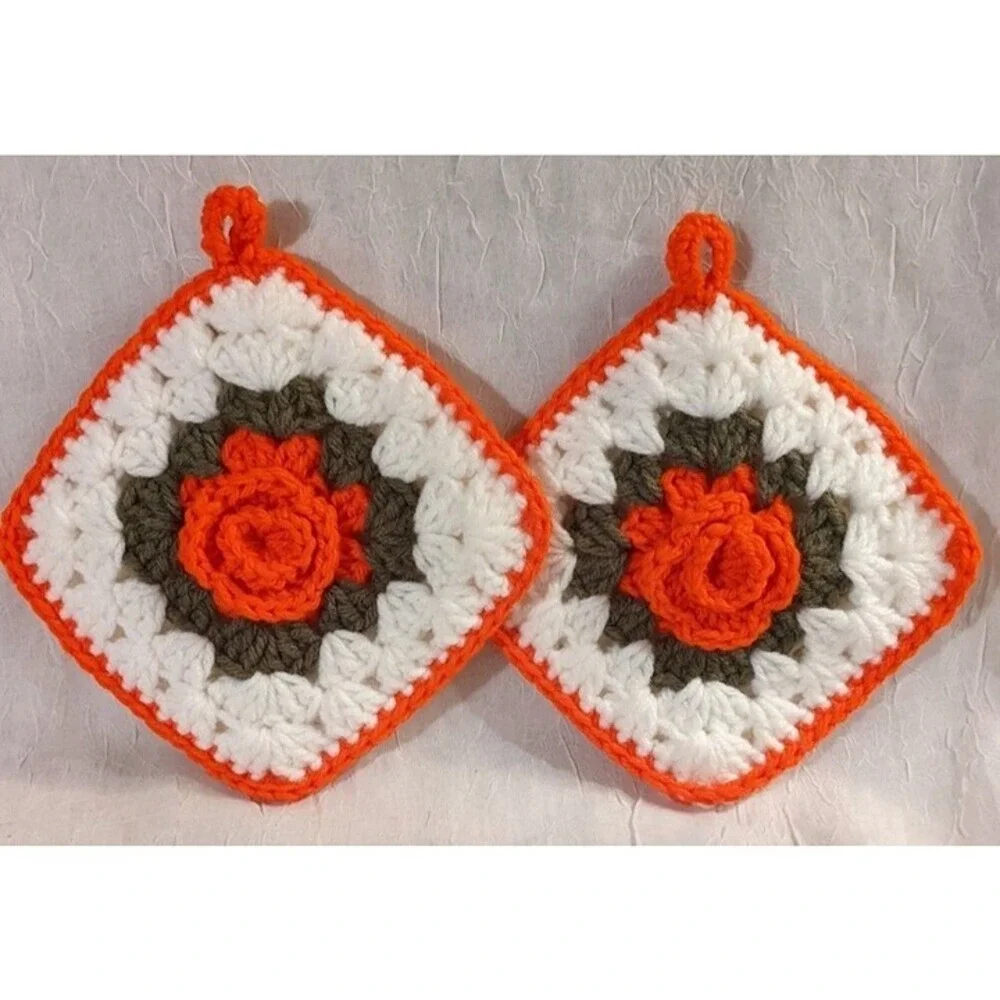 Crocheted Pot Holders Roses Flowers Boho Handmade Orange Decorative MCM Vtg Home